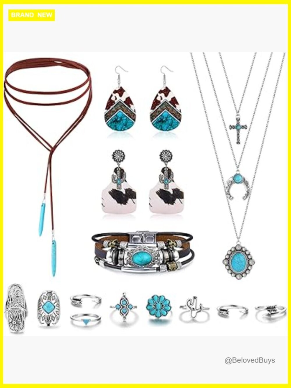Bohemian Turquoise Jewelry Set - Choker Necklace, Cuff Bracelet, Earrings &